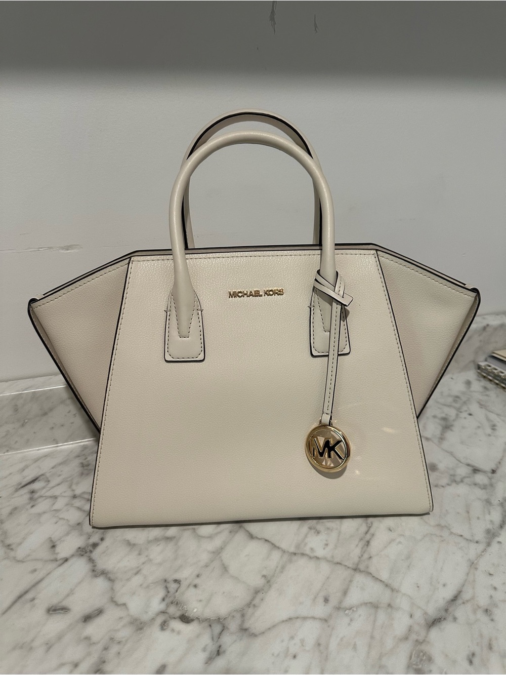 Michael Kors Ivory Leather Structured Satchel with Gold MK Charm